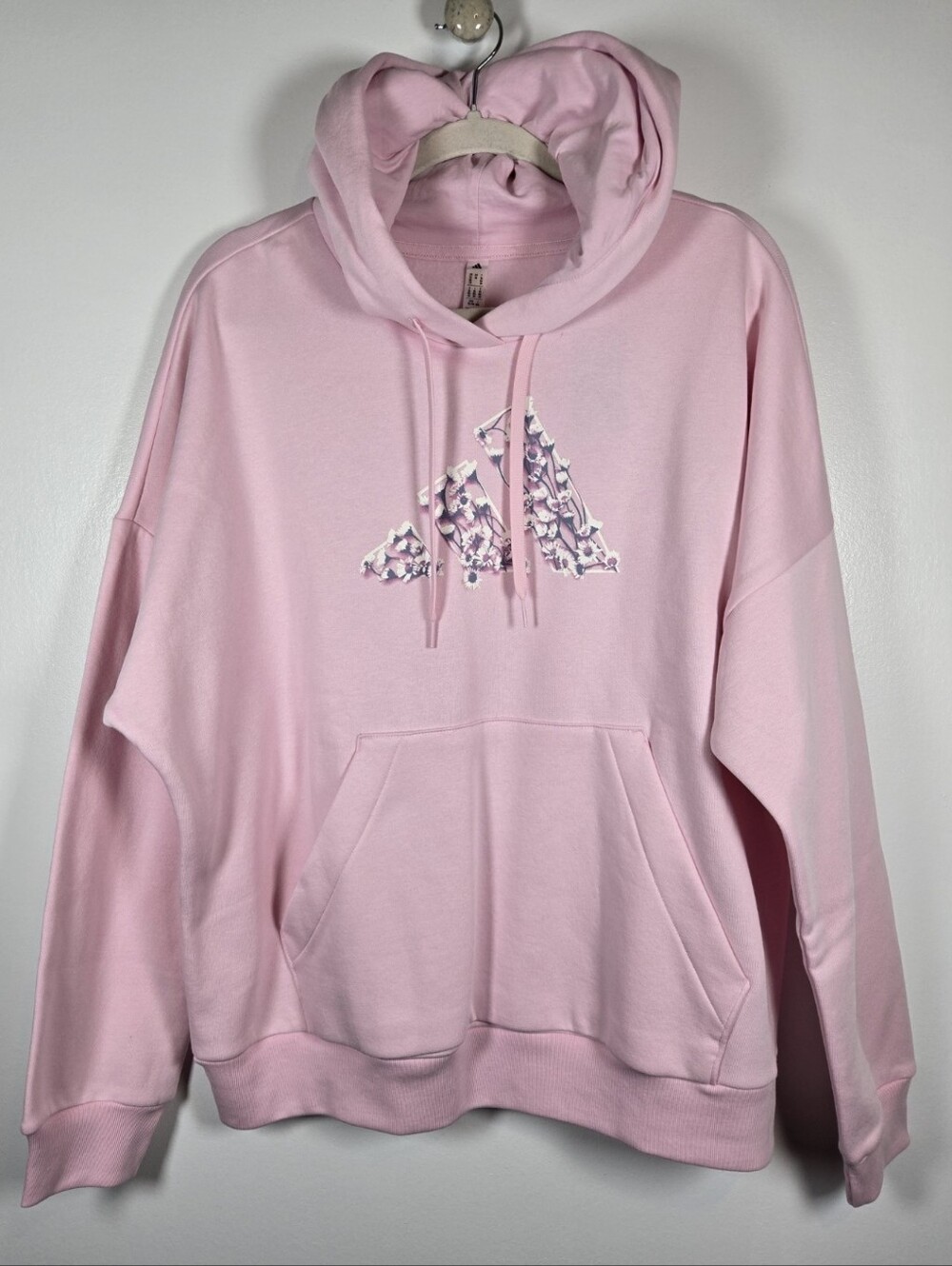 NEW Adidas Pink Floral Logo Fleece Hoodie Pullover Sweatshirt Size XL